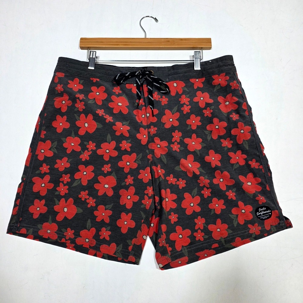 Jacks Surfboards Board Shorts Mens 36 Black Red Floral Hibiscus Swim Trunks Surf